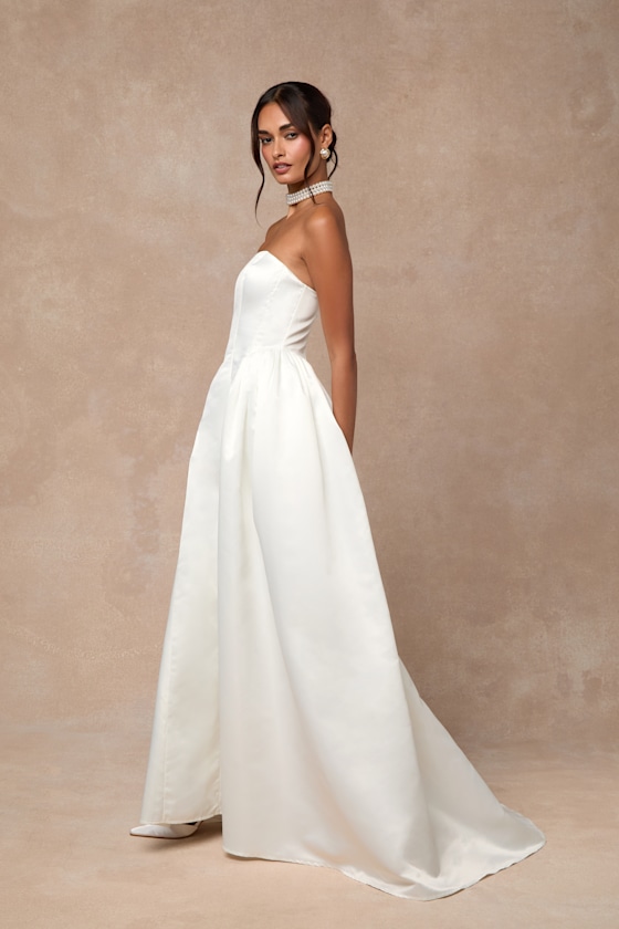 Bennett White Satin Strapless A-Line Maxi Dress Dress - EJIACHE