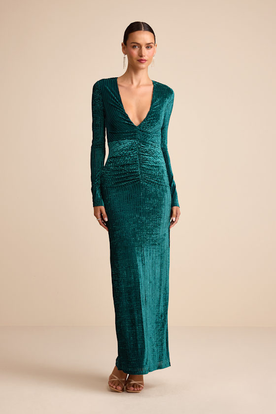 Demaline Emerald Velvet Striped Backless Maxi Dress Dress - EJIACHE