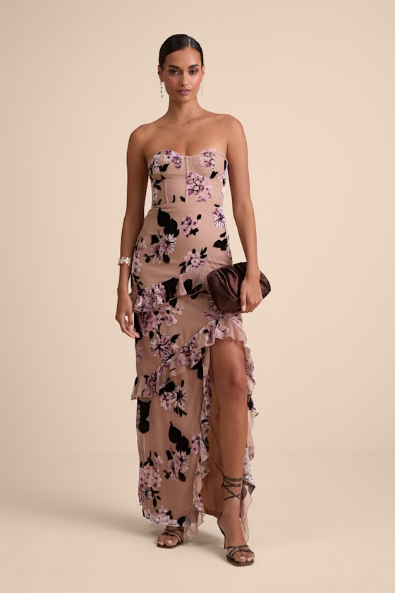 Chelisa Beige Floral Ruffled Strapless Bustier Maxi Dress Dress - EJIACHE