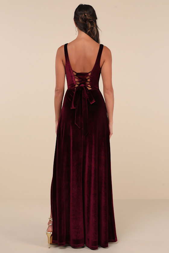 Graceful Invite Dark Plum Velvet Square Neck Lace-Up Maxi Dress Dress - EJIACHE
