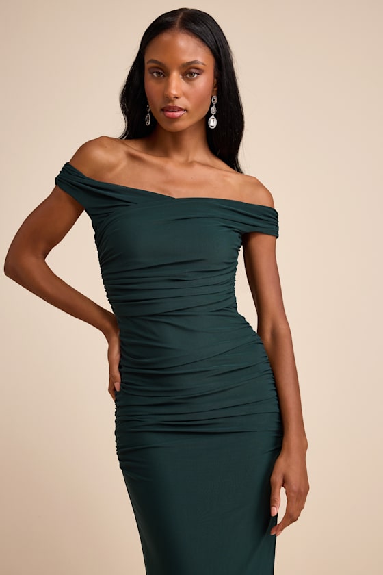 Scotia Dark Green Mesh Ruched Off-the-Shoulder Maxi Dress Dress - EJIACHE