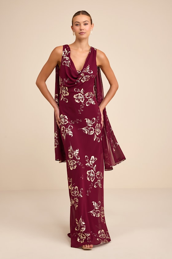 Sidonia Burgundy and Gold Floral Cowl Sash Maxi Dress Dress - EJIACHE