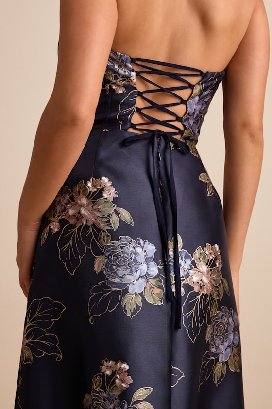 Yashelle Navy Floral Taffeta Strapless Tiered Corset Midi Dress Dress - EJIACHE