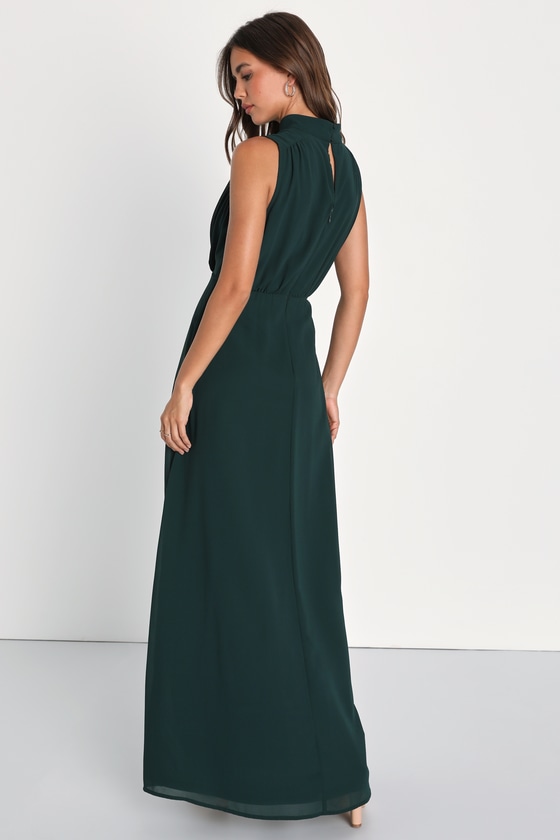 Classic Elegance Emerald Chiffon Sleeveless Mock Neck Maxi Dress Dress - EJIACHE