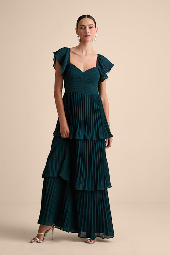 Notorious Charm Emerald Pleated Flutter Sleeve Maxi Dress Dress - EJIACHE