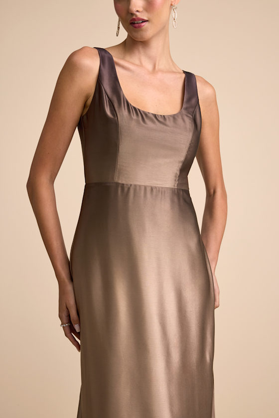 Cerise Brown Ombre Satin Sleeveless Maxi Dress Dress - EJIACHE