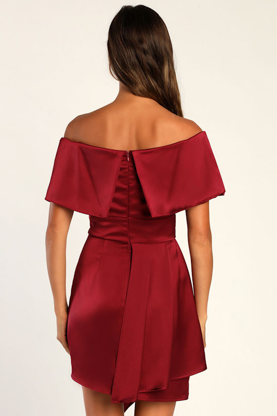 Always Celebrating Burgundy Satin Off-the-Shoulder Mini Dress Dress - EJIACHE