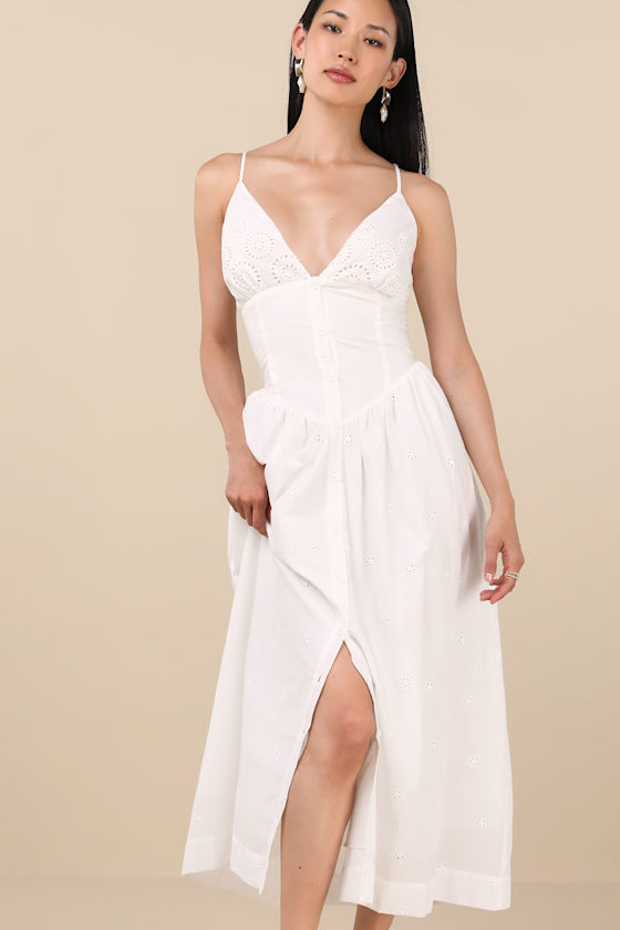 Zahrah White Eyelet Embroidered Button-Front Midi Dress Dress - EJIACHE