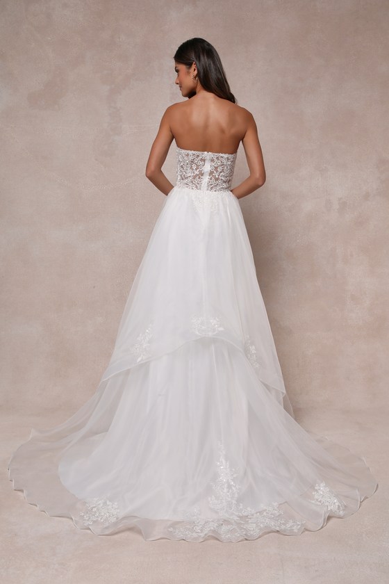 Mine, All Mine White Embroidered Organza Strapless A-Line Gown Dress - EJIACHE