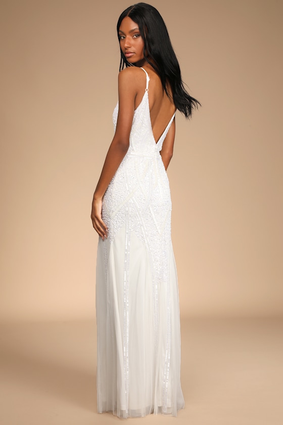 Just the Beginning White Beaded Sequin Mermaid Maxi Dress Dress - EJIACHE