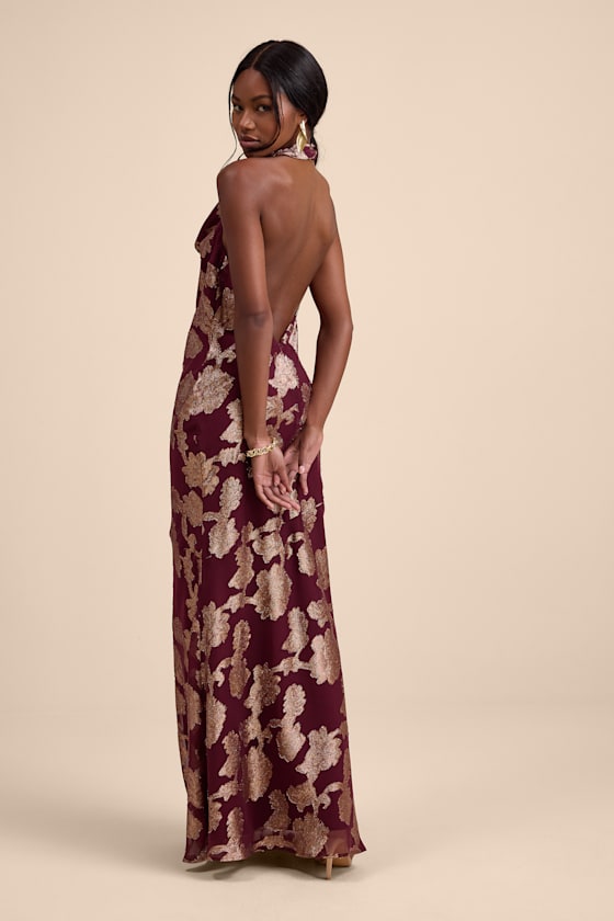Zafira Burgundy and Gold Burnout Cowl Halter Maxi Dress Dress - EJIACHE