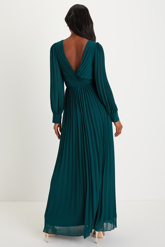Sophisticated Grace Emerald Green Pleated Long Sleeve Maxi Dress Dress - EJIACHE