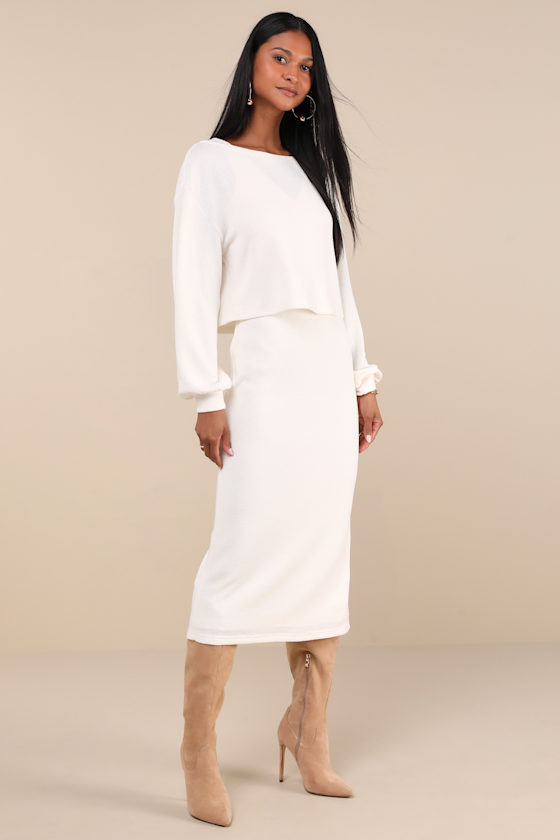 Marvelous Match Ivory Knit Two-Piece Midi Dress & Sweater Set Dress - EJIACHE