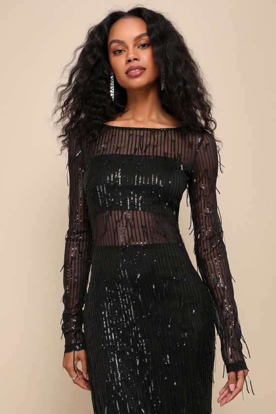 Sheer Fascination Black Sheer Mesh Sequin Fringe Maxi Dress Dress - EJIACHE