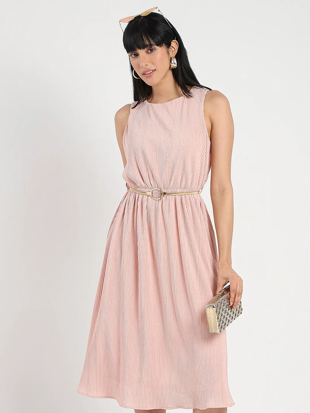 Metallic Self-Design Pleated Beige Flared Maxi Dress - TRVCWOW