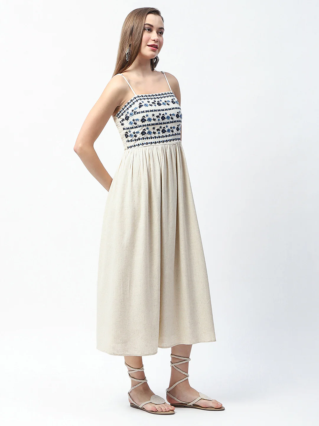 Floral Embroidered Sleeveless Off White Midi Dress - TRVCWOW