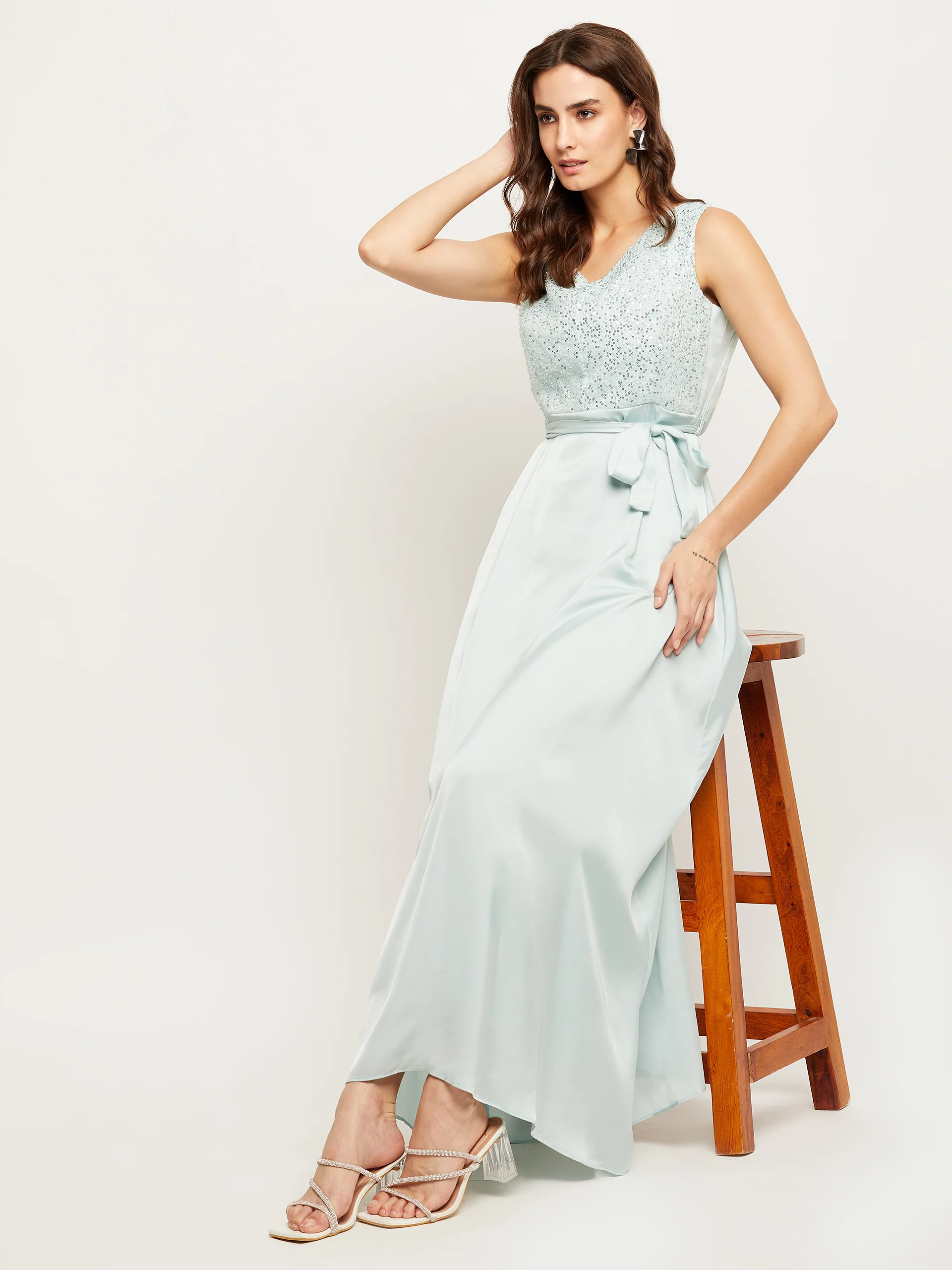Blue Embellished Tie-Waist Fit-Flare Dress - TRVCWOW