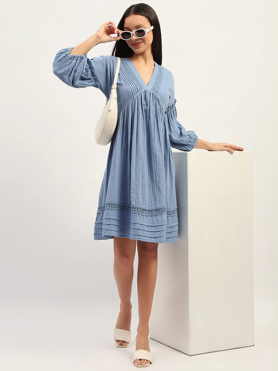Puff Sleeve Fit And Flare Cotton Blue Midi Dress - TRVCWOW