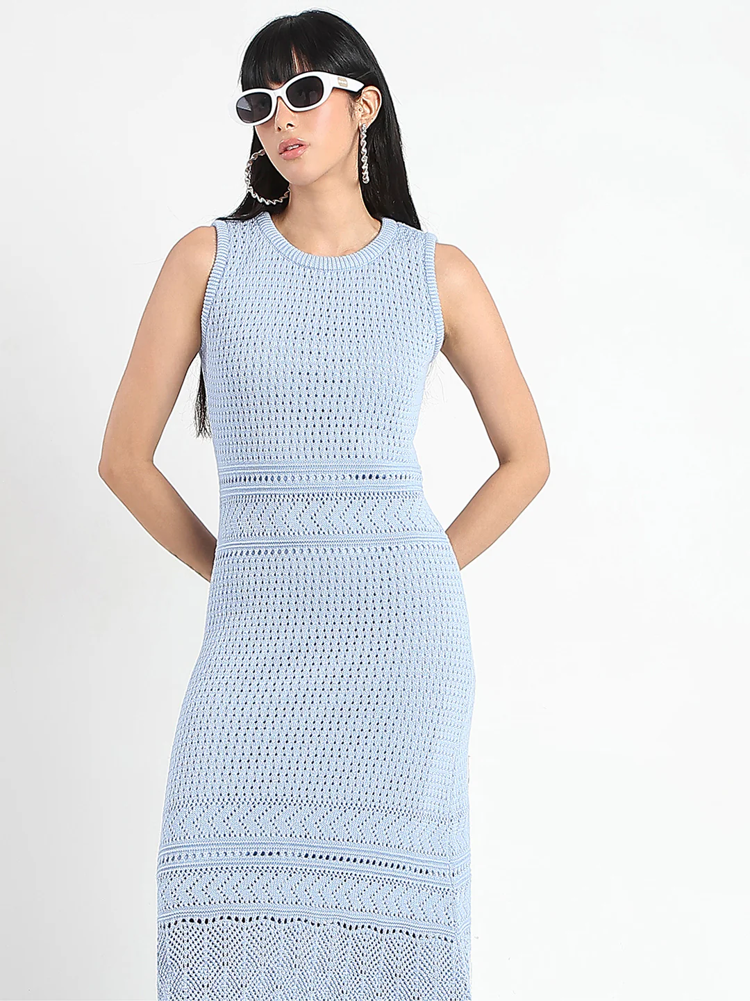 Textured Panels Geometric Hem Sky Blue Maxi Dress - TRVCWOW