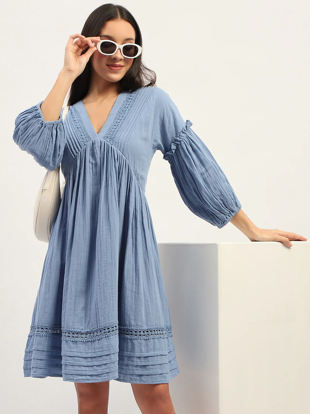 Puff Sleeve Fit And Flare Cotton Blue Midi Dress - TRVCWOW
