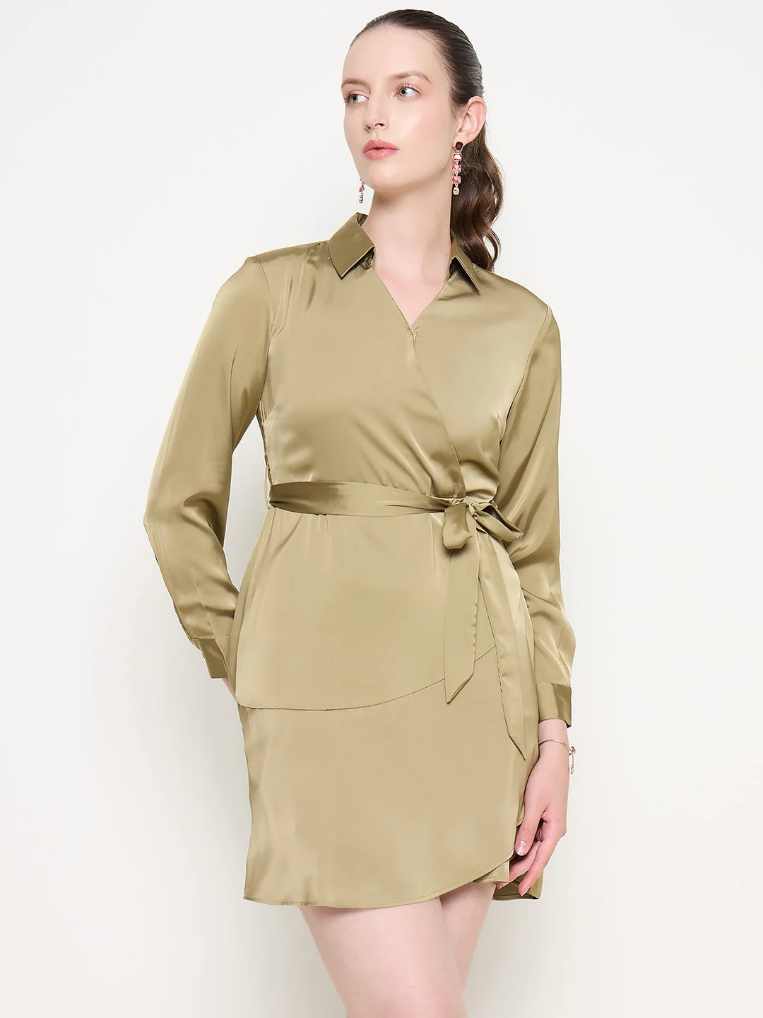 Fabric Belted Cuff Sleeve Solid Green Satin Short Dress - TRVCWOW