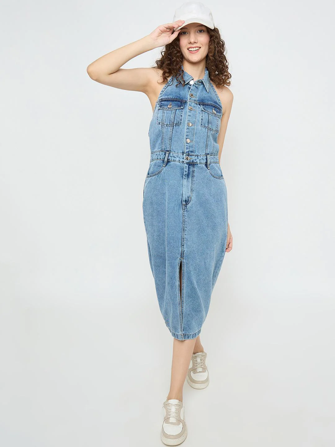 Halter Neck Bodycon Cotton Denim Dress - TRVCWOW