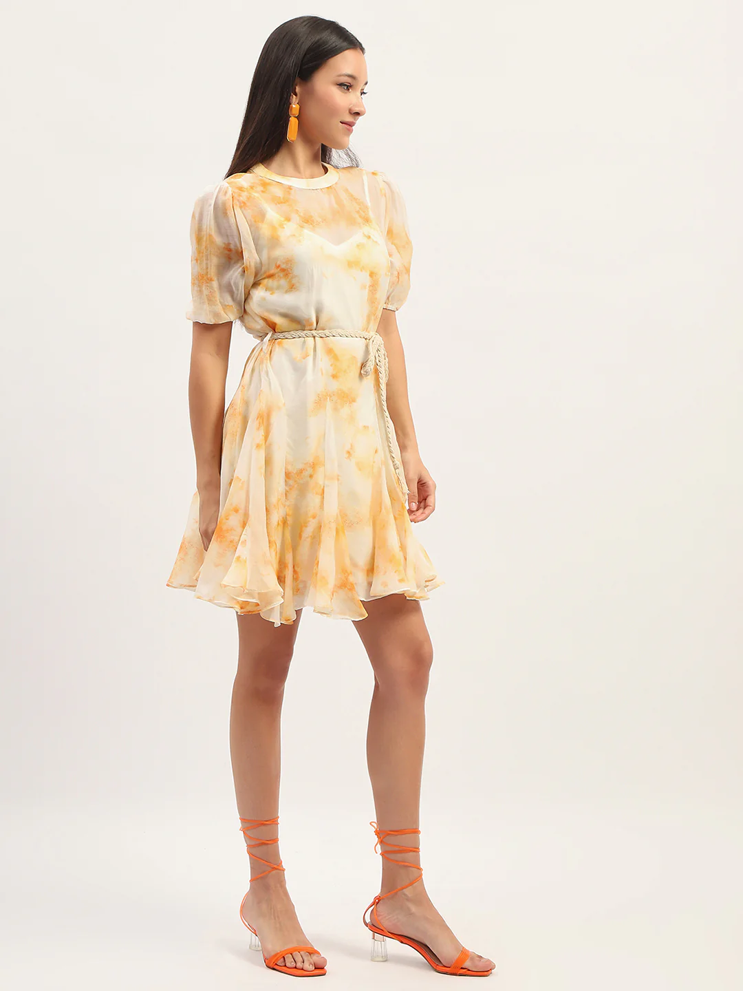 Tie Dye Belted Orange Rayon Blend Mini Dress - TRVCWOW