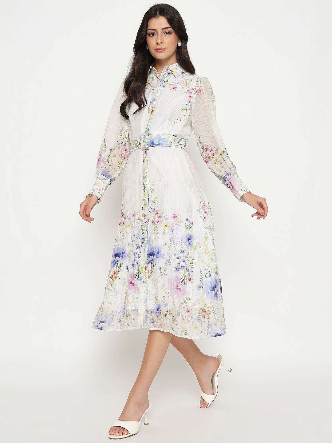 Floral Print Belted White Shirt Dress - TRVCWOW