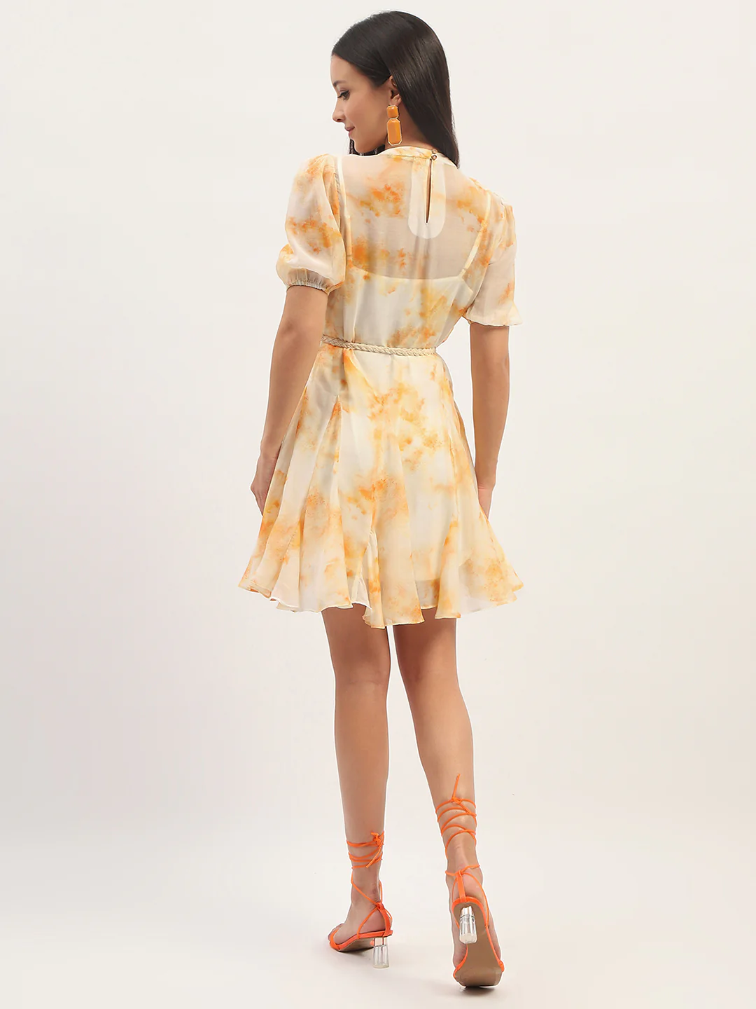 Tie Dye Belted Orange Rayon Blend Mini Dress - TRVCWOW