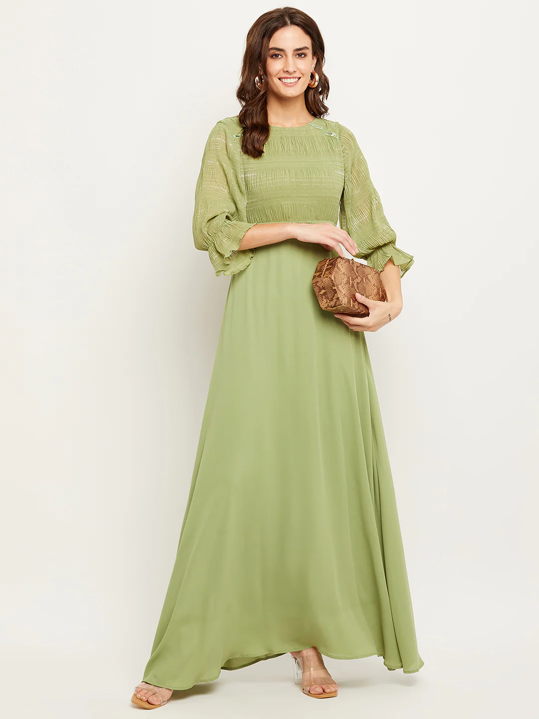 Green Embellished Puff Sleeve Fit-Flare Dress - TRVCWOW