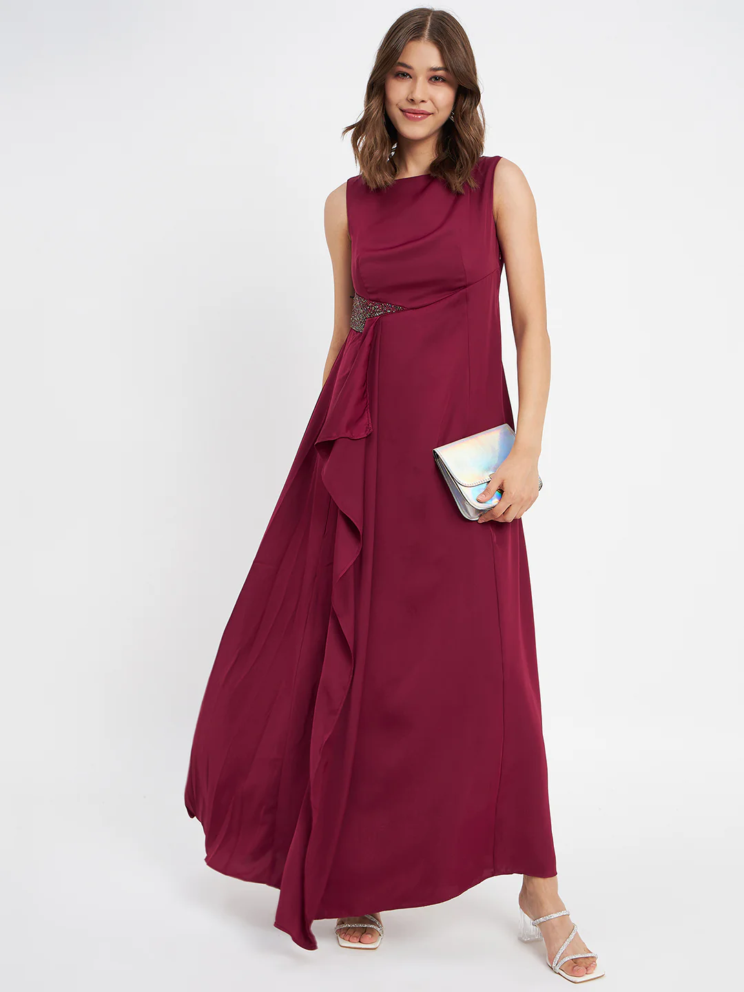 Wine Shimmer Detailing Ruffle Hem Dress - TRVCWOW