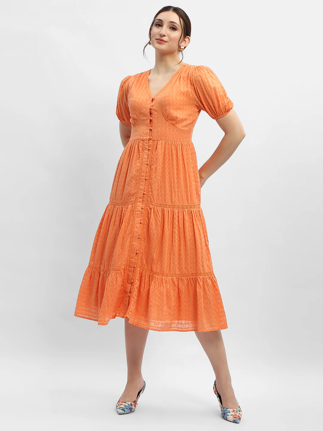 V-Neck Orange Tiered Maxi Dress - TRVCWOW