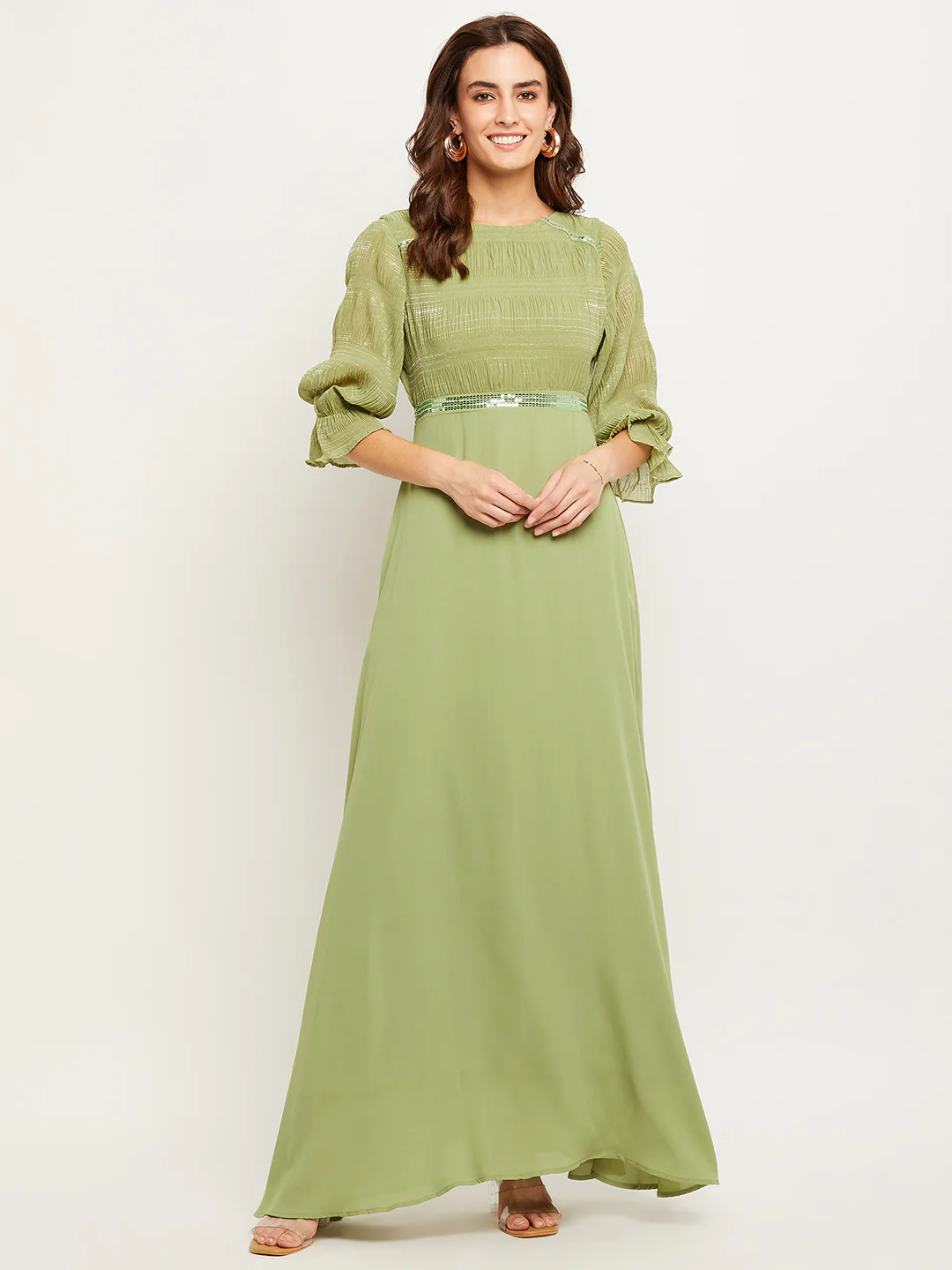 Green Embellished Puff Sleeve Fit-Flare Dress - TRVCWOW