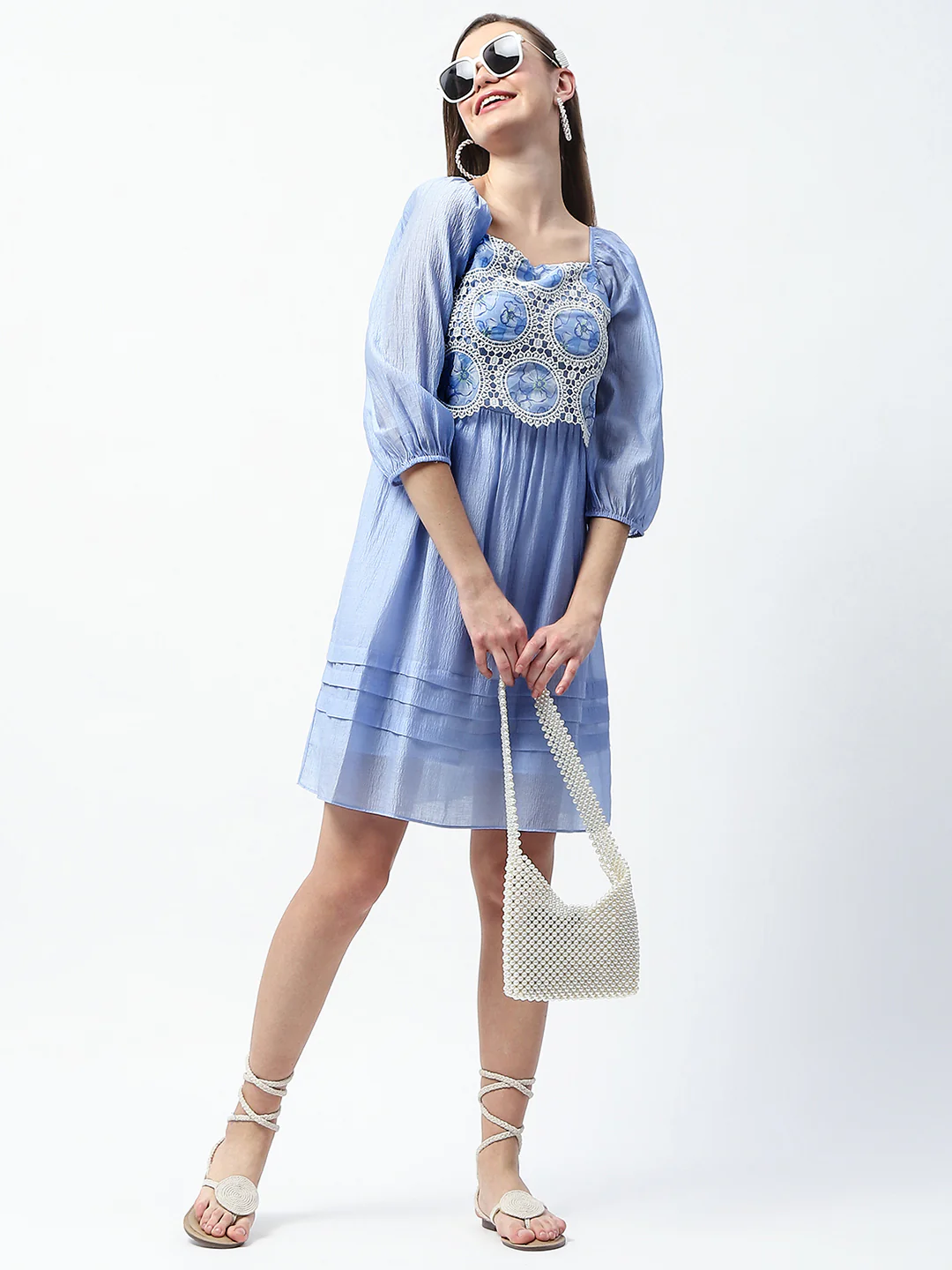 Printed Powder Blue Tencel Blend Crochet Midi Dress - TRVCWOW