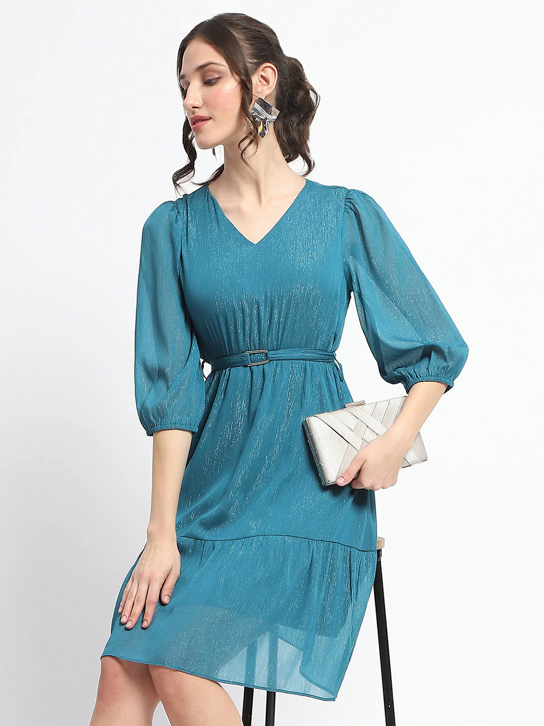 Shimmery Tiered Belted Waist Teal Midi Dress - TRVCWOW