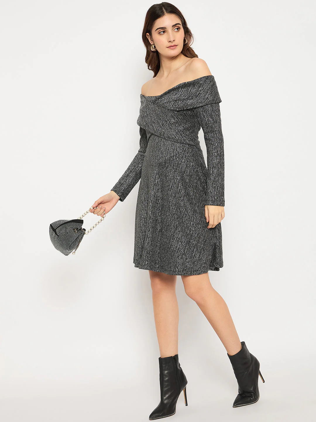 Off Shoulder Self Design Black Knitted Midi Dress - TRVCWOW