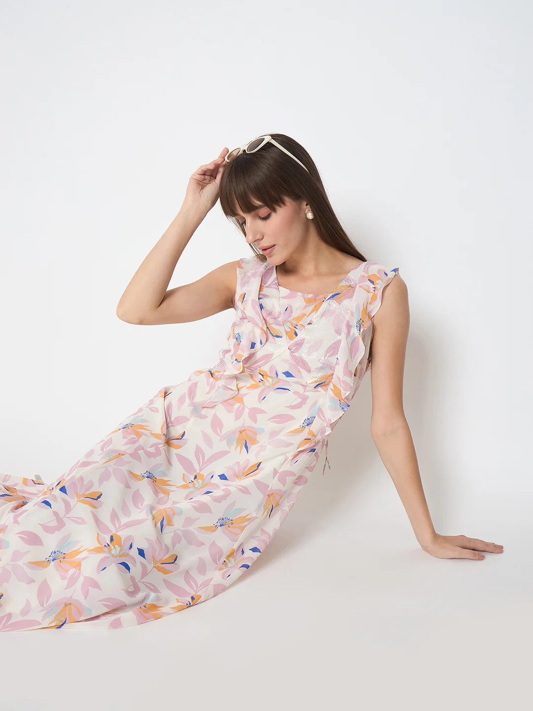 Floral Print Ruffle Detail Off White Midi Dress - TRVCWOW