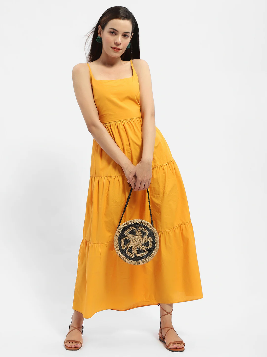 Cami Neck Orange Tiered Maxi Dress - TRVCWOW