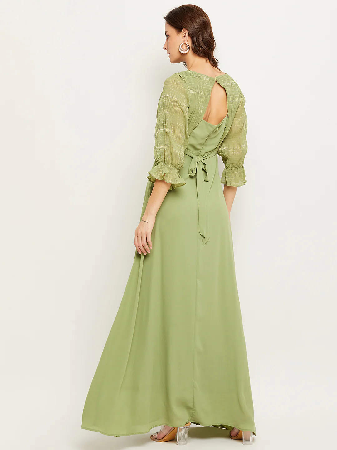 Green Embellished Puff Sleeve Fit-Flare Dress - TRVCWOW