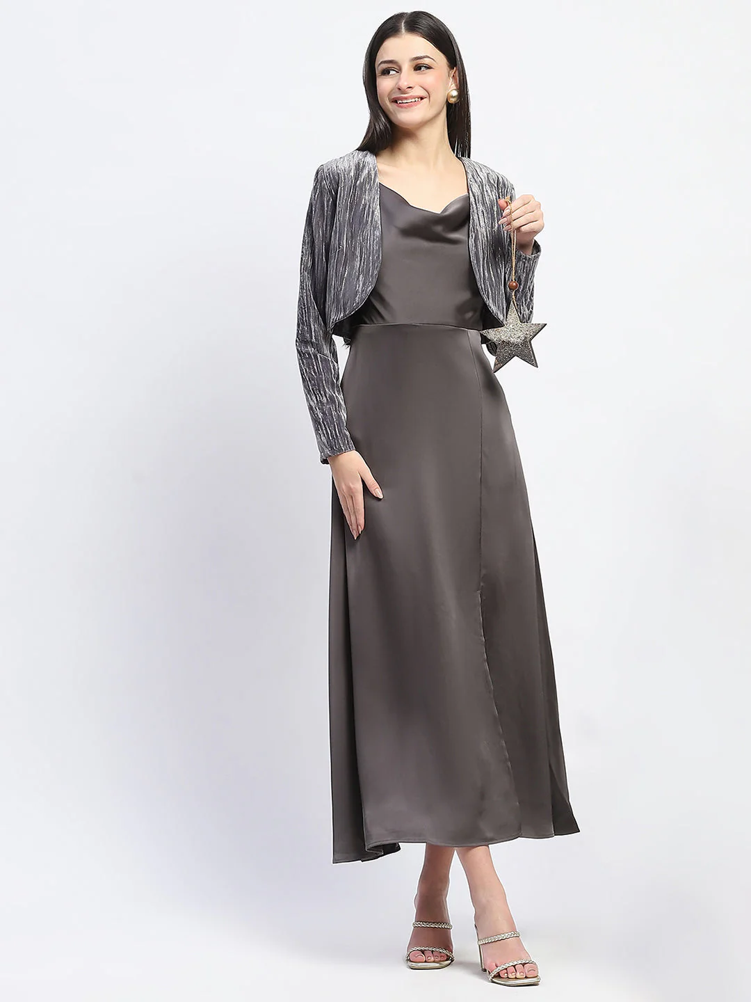 Cowl Neck Solid Grey Satin Maxi Dress - TRVCWOW