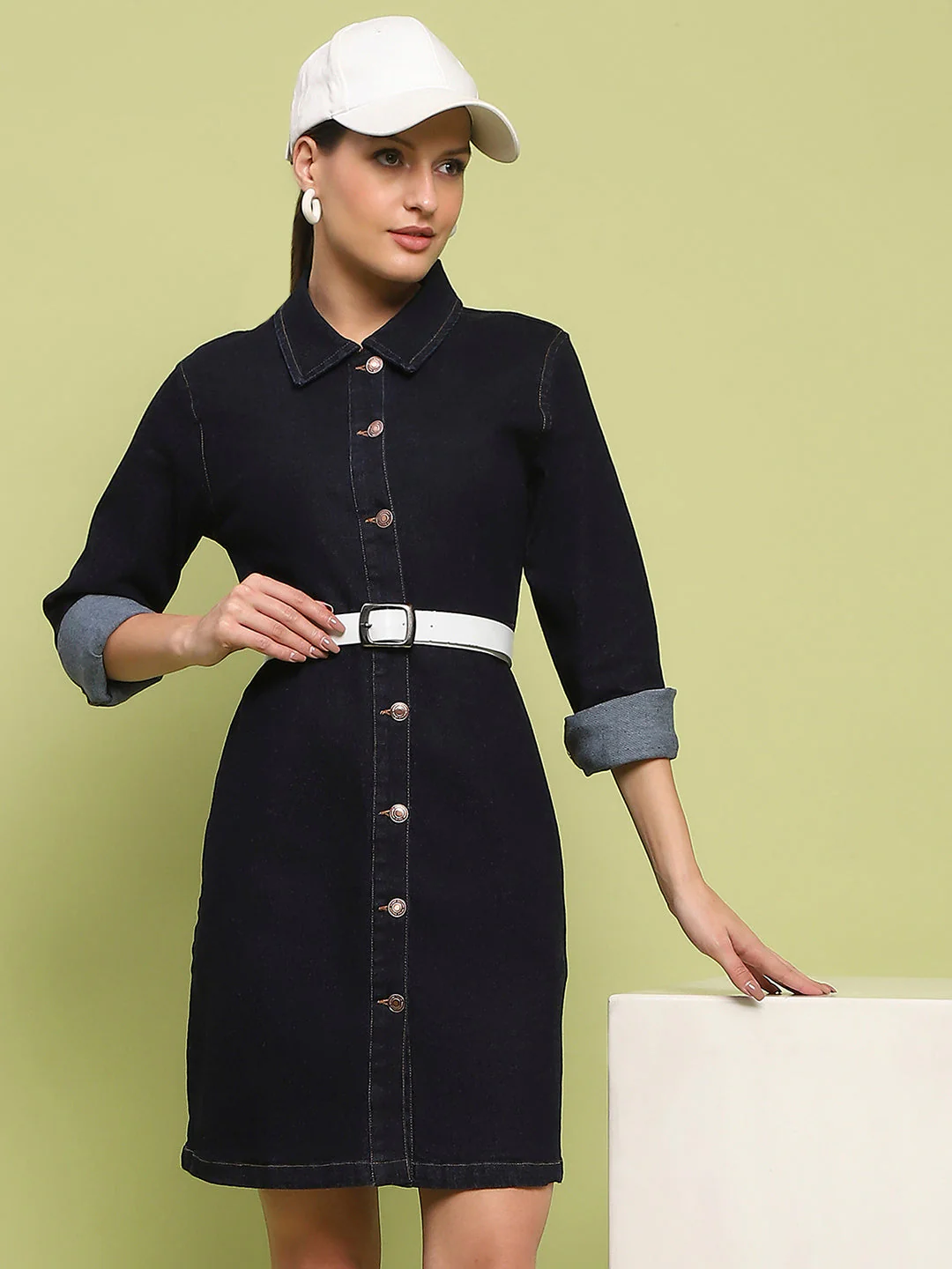 Cotton Blend Belted Dark Indigo Mini Denim Dress - TRVCWOW