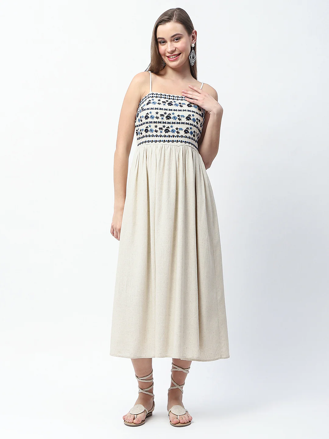 Floral Embroidered Sleeveless Off White Midi Dress - TRVCWOW