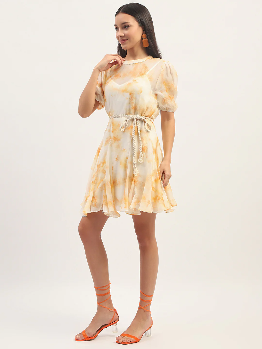 Tie Dye Belted Orange Rayon Blend Mini Dress - TRVCWOW