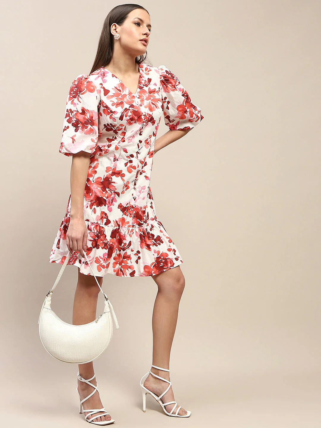 Cotton Floral Print Tiered Red Mini Dress - TRVCWOW