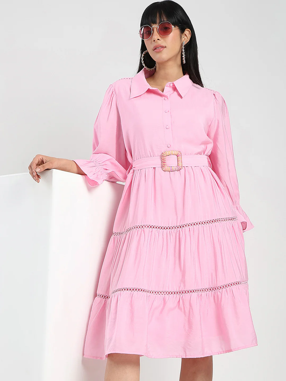 Tiered Pink Rayon Blend Fit and Flare Mini Dress - TRVCWOW