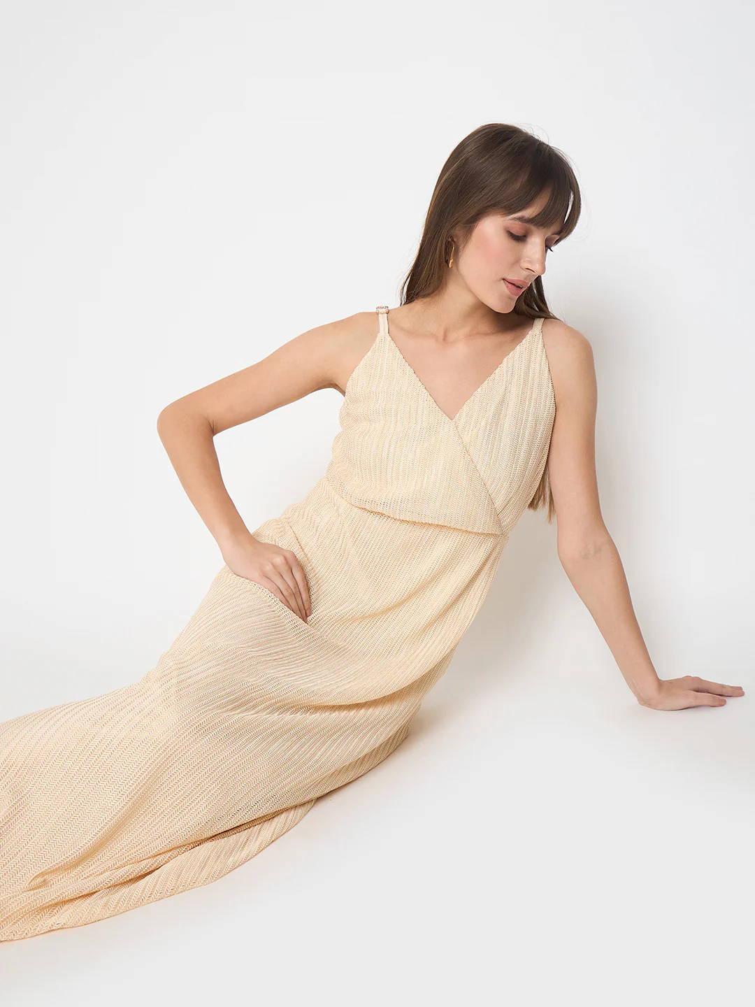 Golden Buckled Strap Self Design Beige Maxi Dress - TRVCWOW