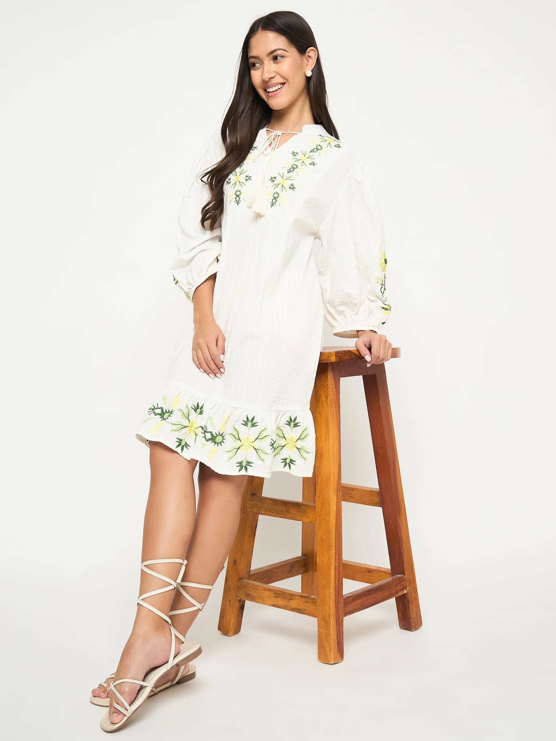 Floral Embroidered Fit and Flare White Mini Dress - TRVCWOW