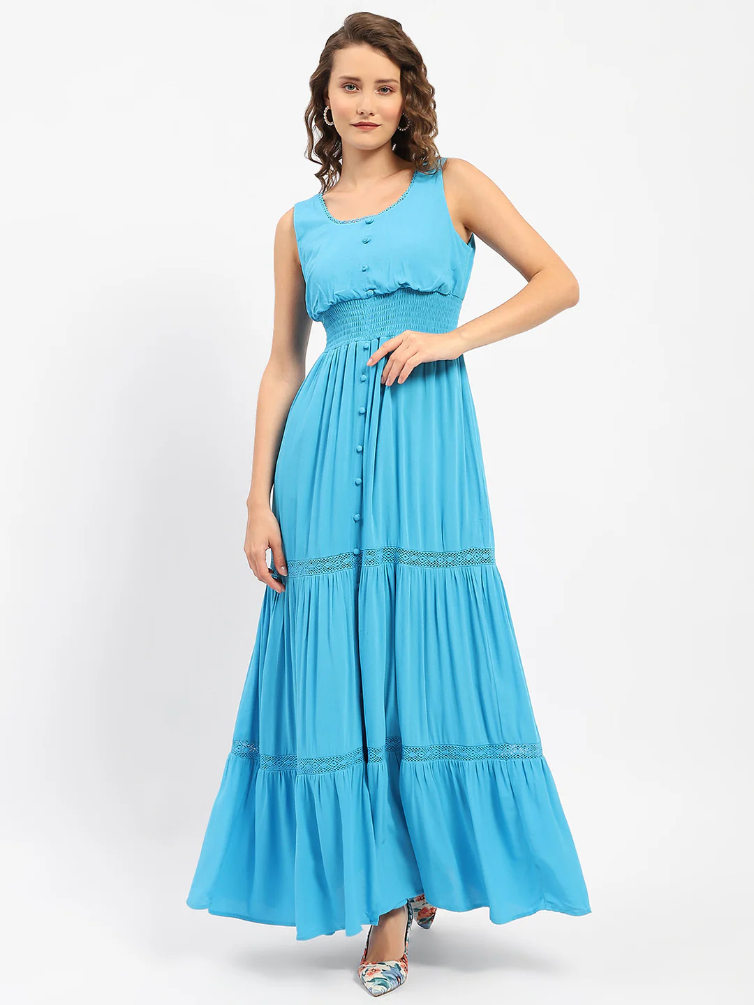 Square Neckline Blue Tiered Dress - TRVCWOW