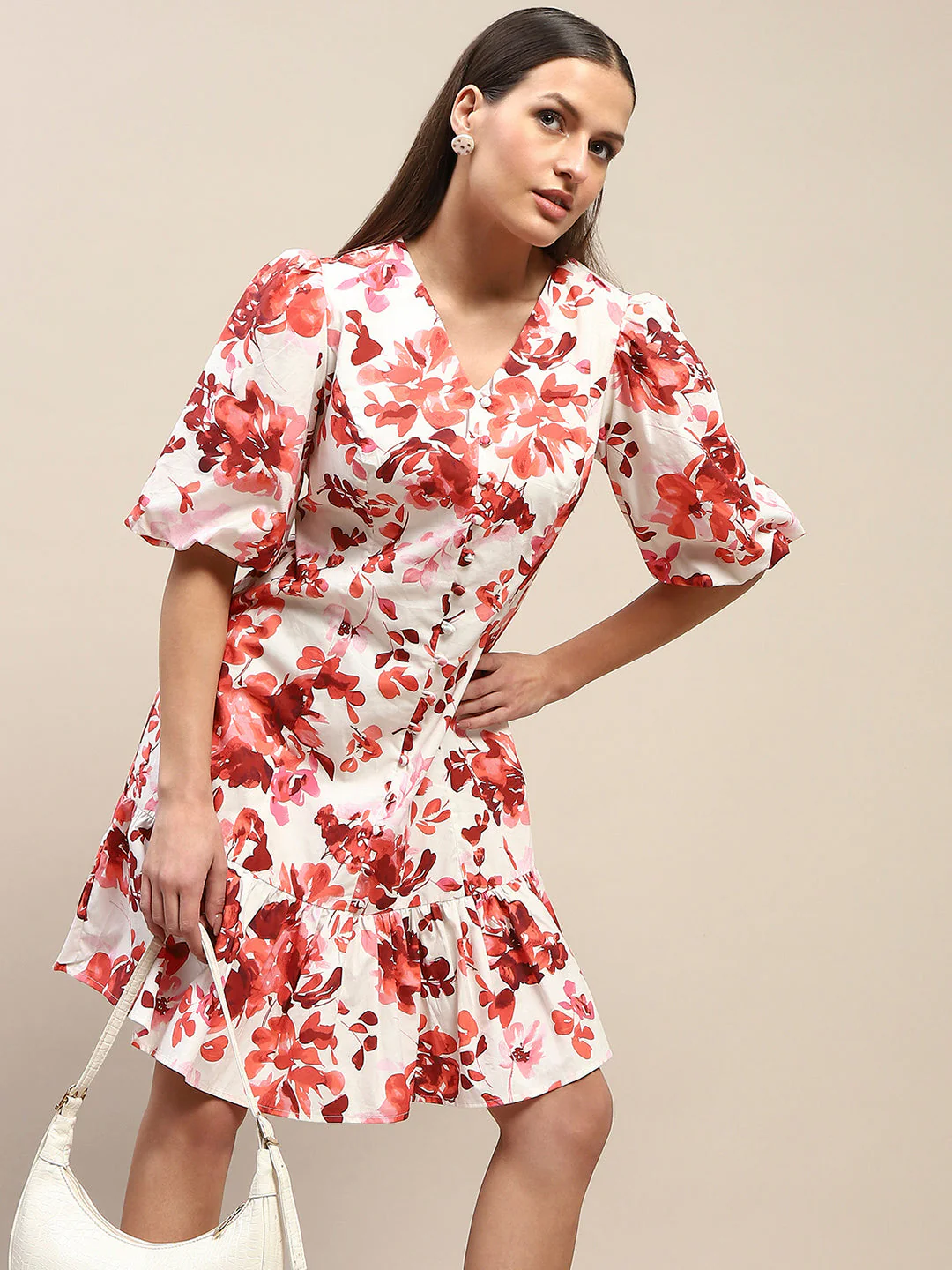Cotton Floral Print Tiered Red Mini Dress - TRVCWOW