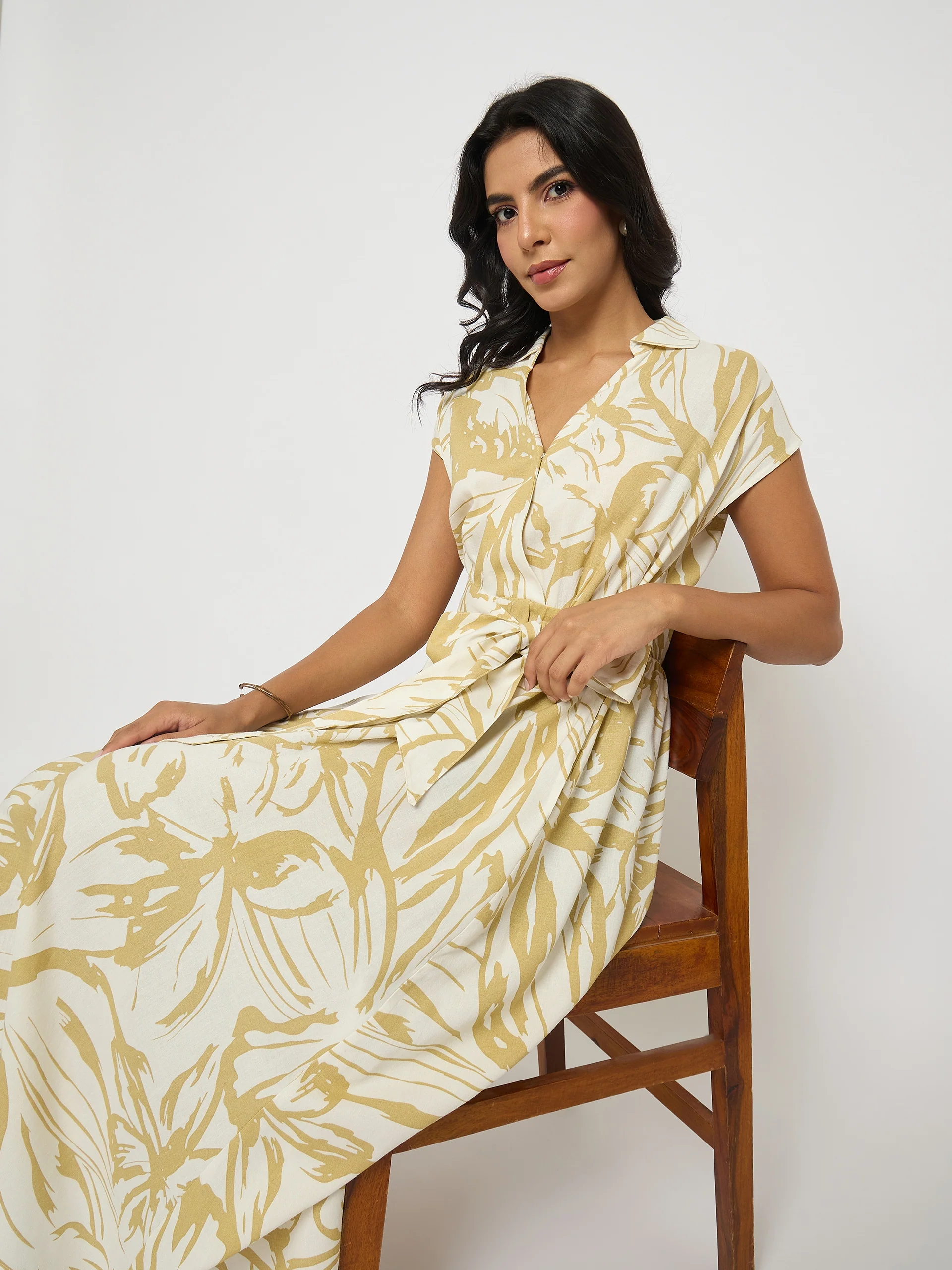 Belted Fit and Flare Beige Wrap Dress - TRVCWOW